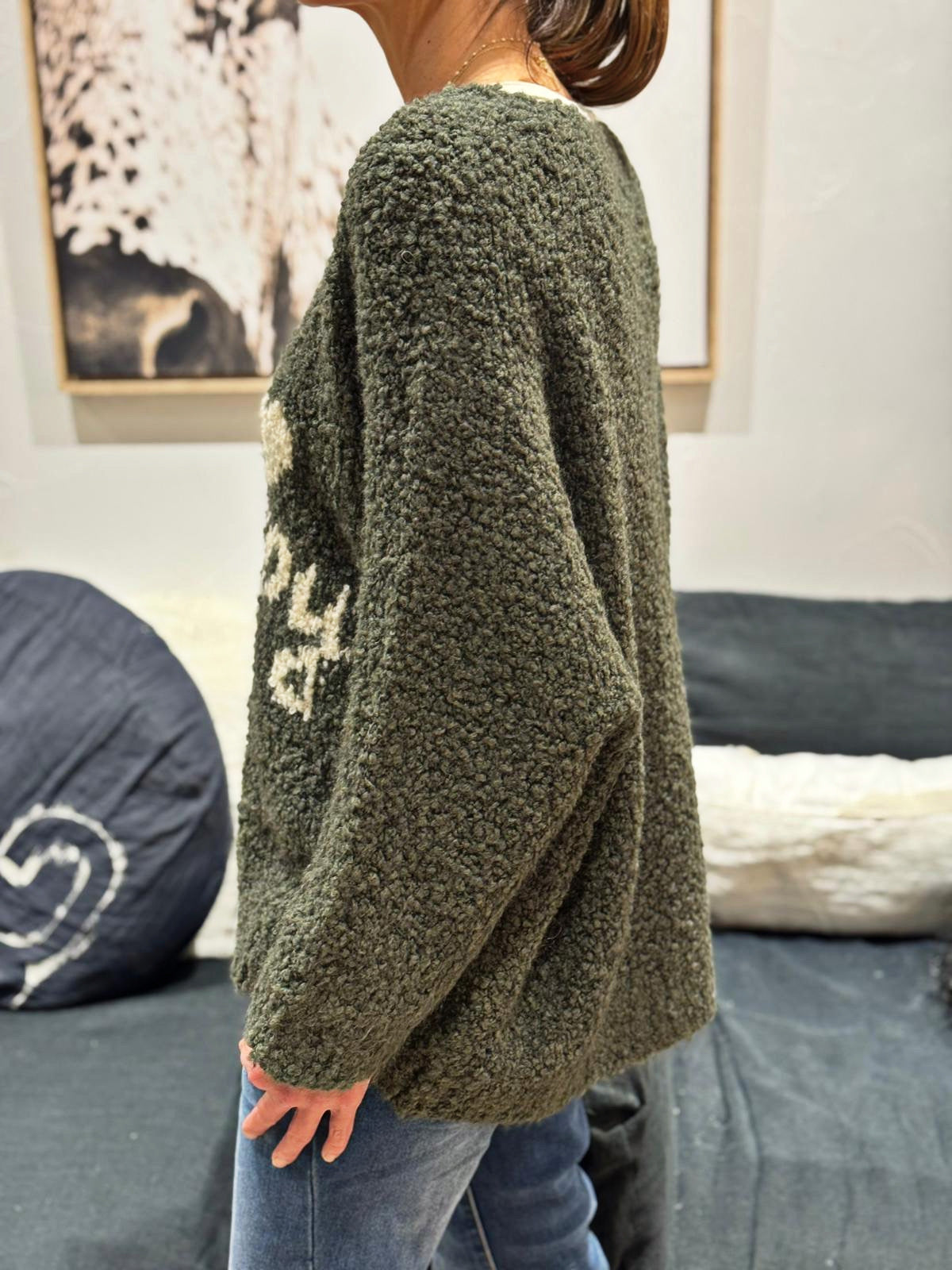 Pull BE HAPPY Kaki/Ecru