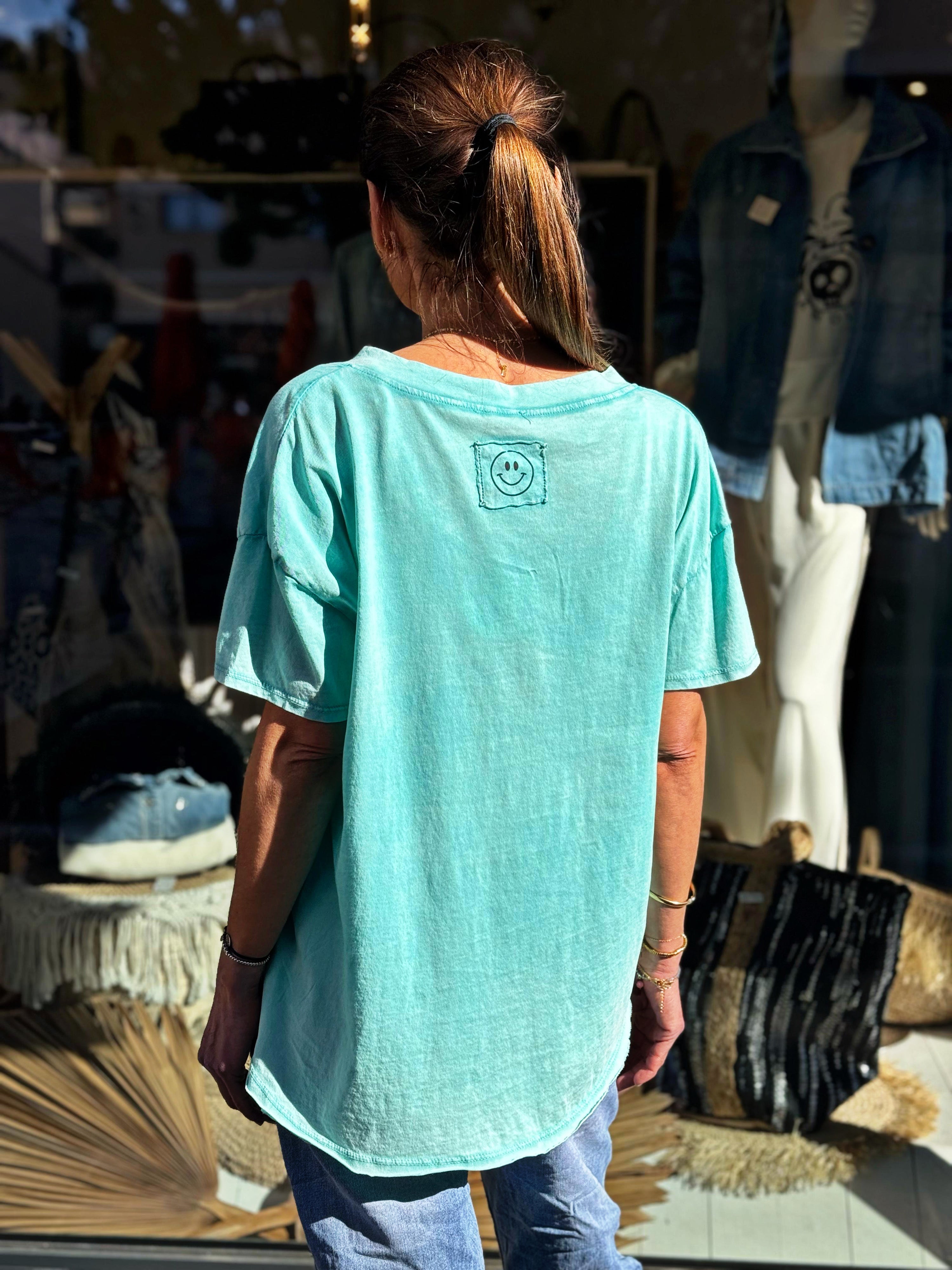 Tee shirt SMILE Turquoise effet délavé