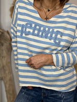 Charger l'image dans la galerie, T-shirt VANILLE marinière Ecru et Bleu ciel
