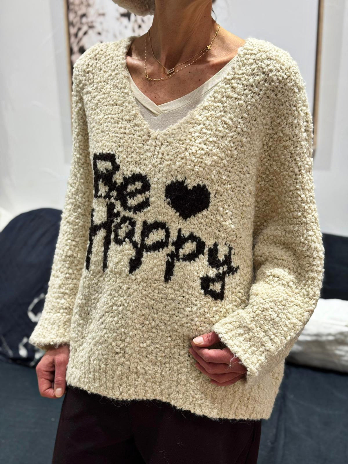 Pull BE HAPPY Ecru/Choco