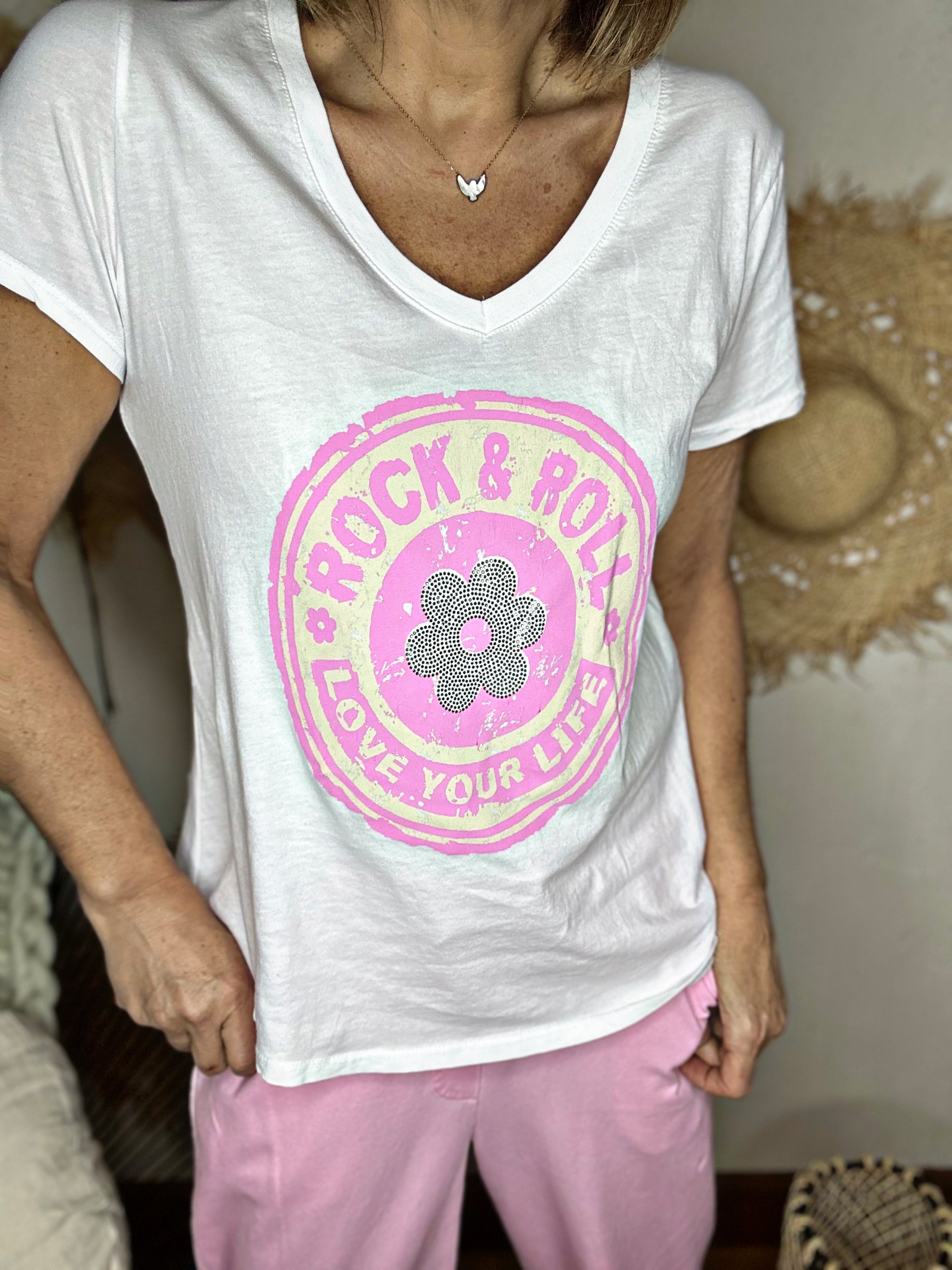 Tee shirt ROCK & ROLL Blanc Rose