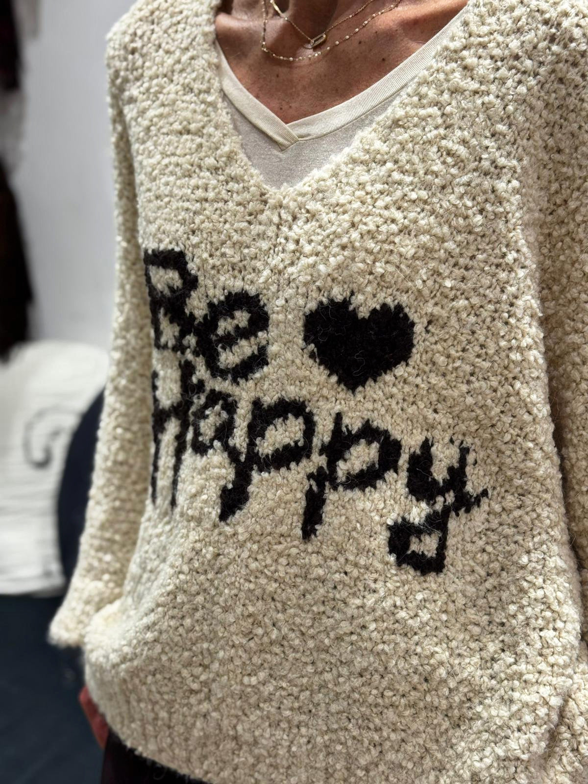 Pull BE HAPPY Ecru/Choco