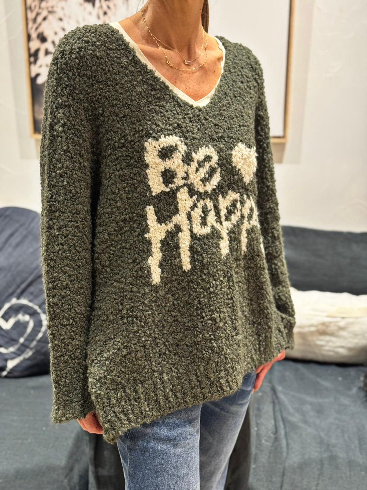 Pull BE HAPPY Kaki/Ecru