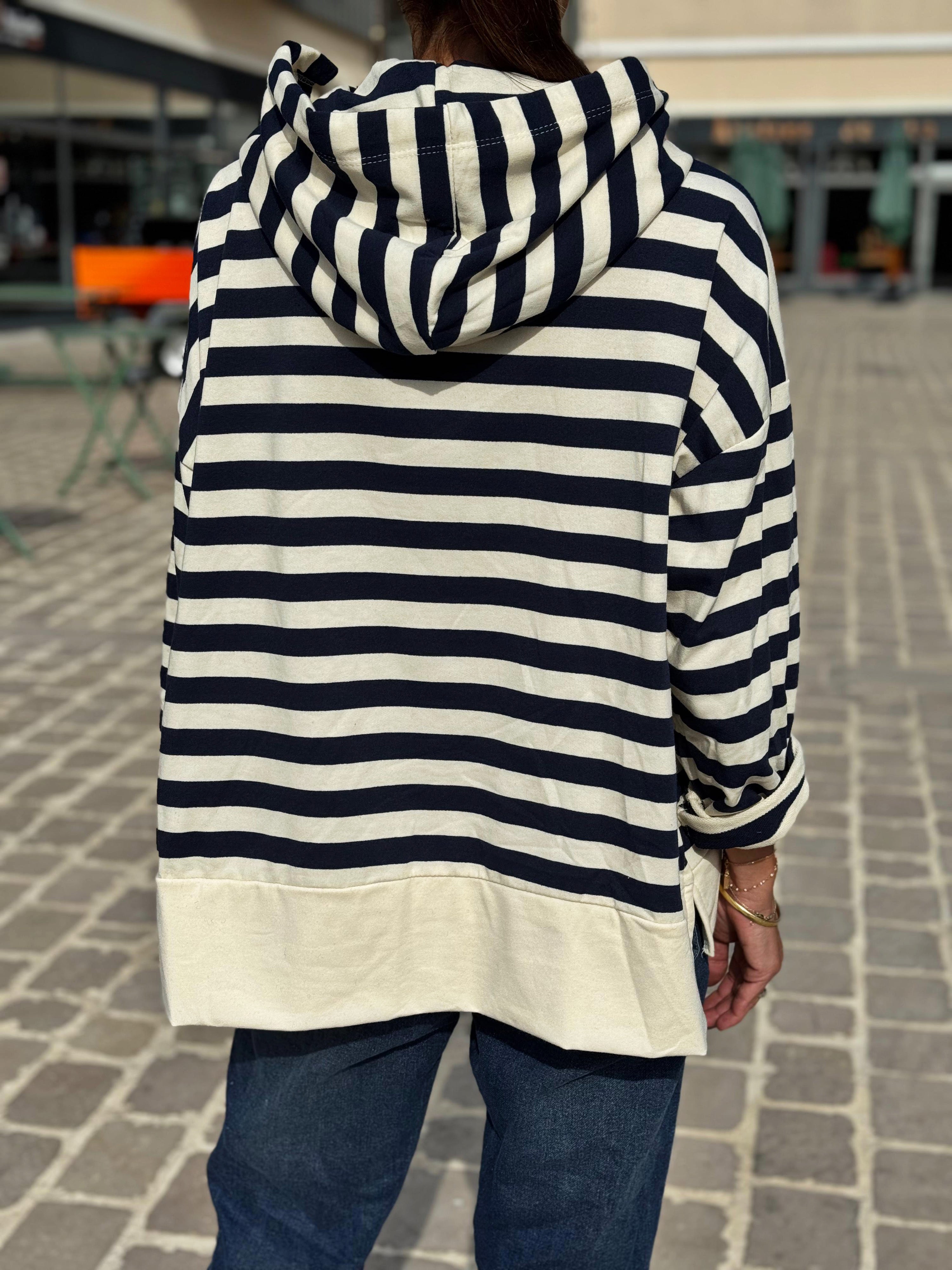 Sweat fin à capuche RIVAGE Marine Ecru