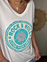 Charger l&#39;image dans la galerie, Tee shirt ROCK &amp; ROLL Blanc Turquoise
