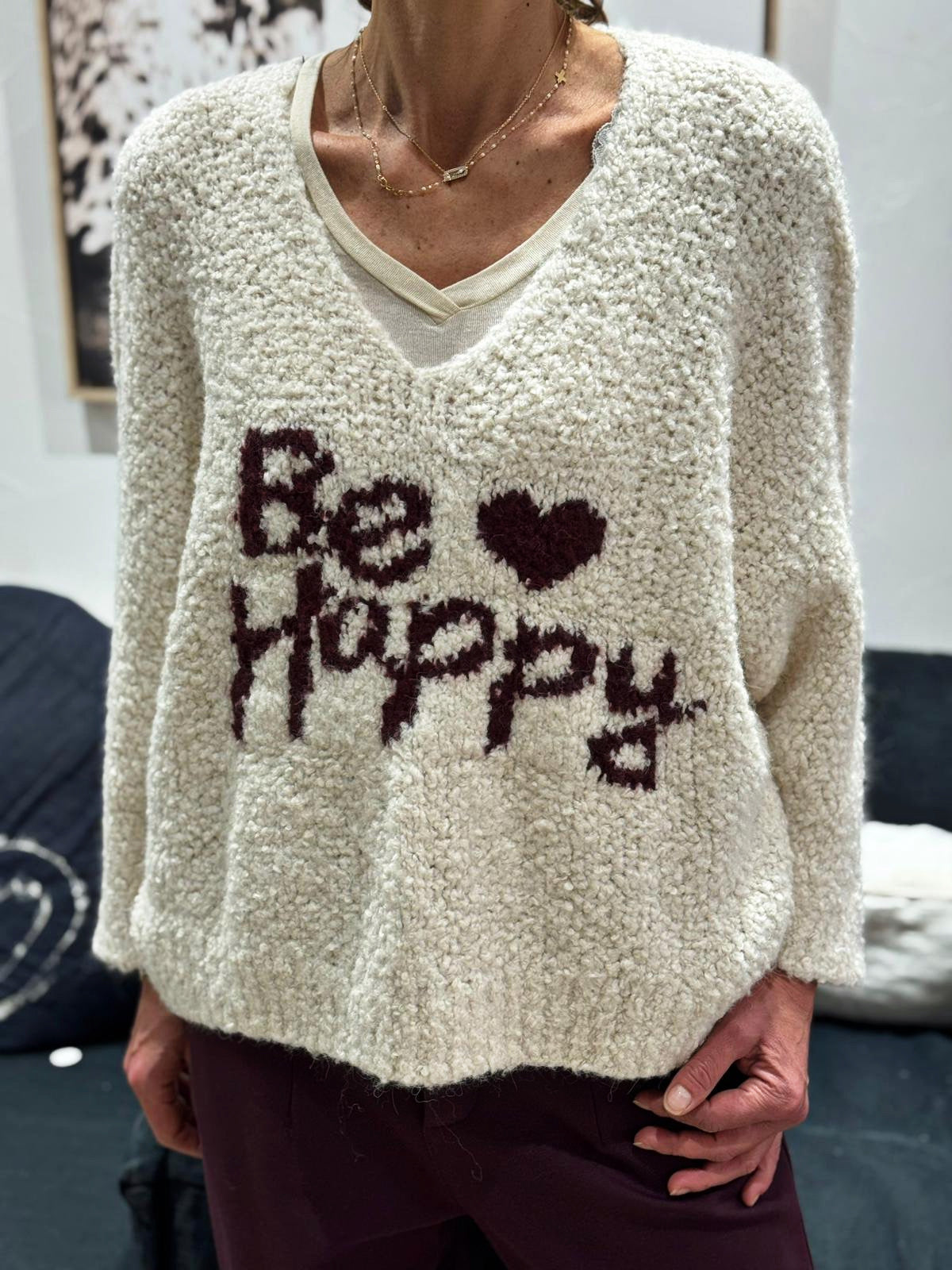 Pull BE HAPPY Lait/Bordeaux