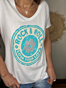 Tee shirt ROCK & ROLL Blanc Turquoise