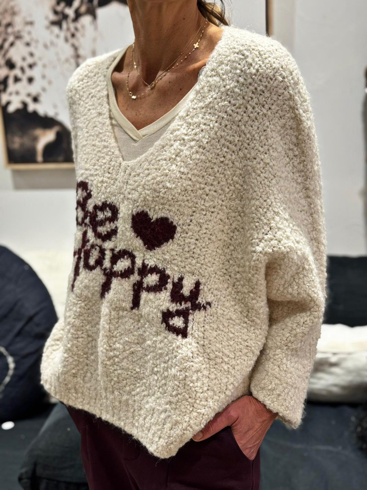 Pull BE HAPPY Lait/Bordeaux