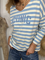 Charger l'image dans la galerie, T-shirt VANILLE marinière Ecru et Bleu ciel
