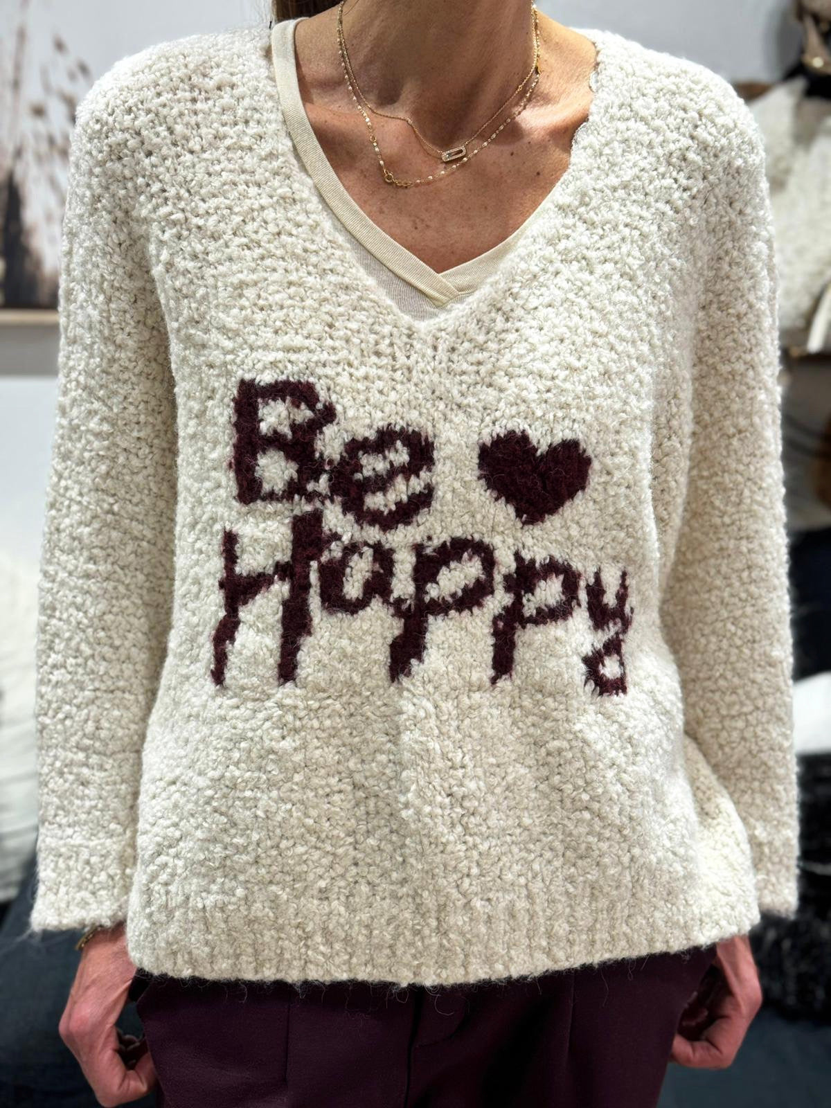 Pull BE HAPPY Lait/Bordeaux