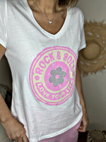 Charger l&#39;image dans la galerie, Tee shirt ROCK &amp; ROLL Blanc Rose
