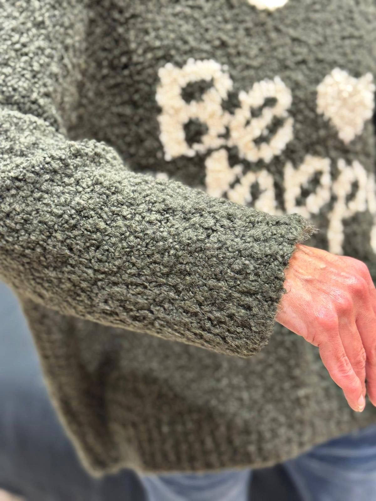 Pull BE HAPPY Kaki/Ecru