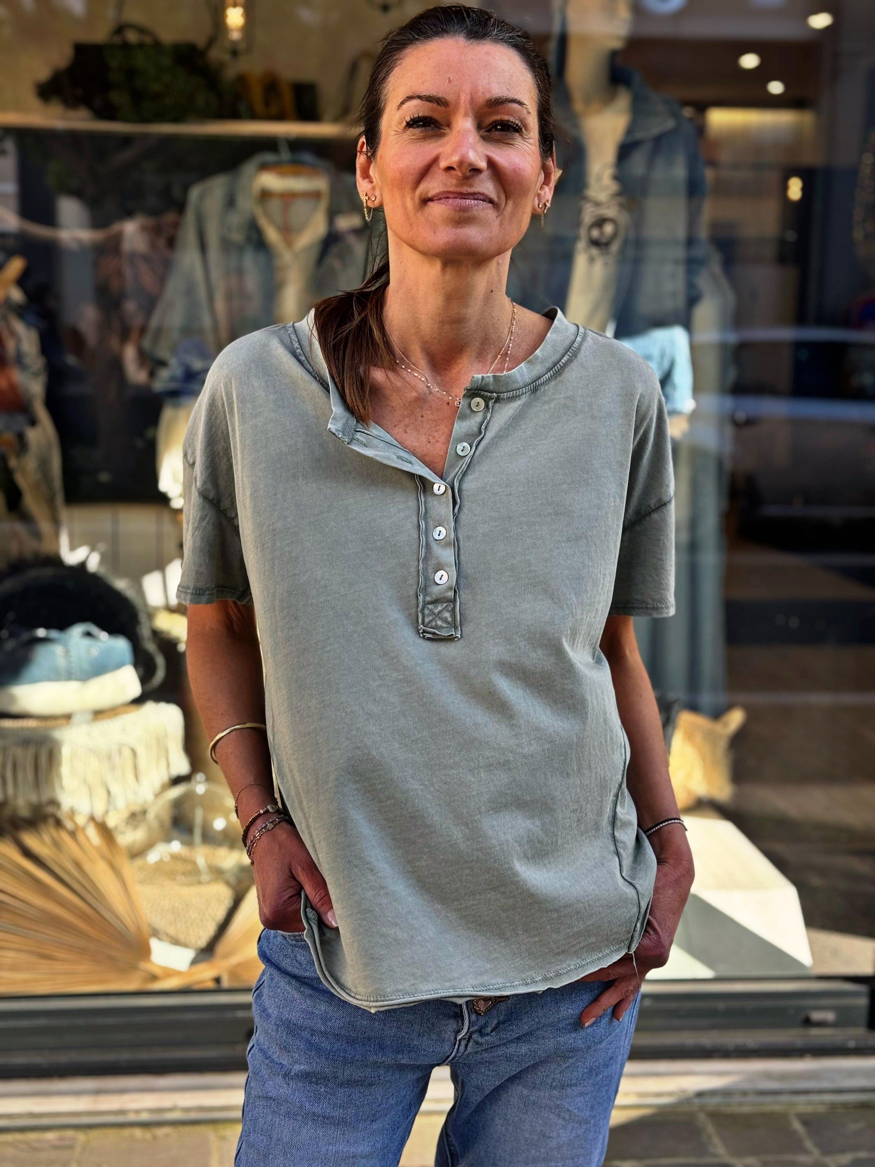 Tee shirt SMILE Kaki effet délavé