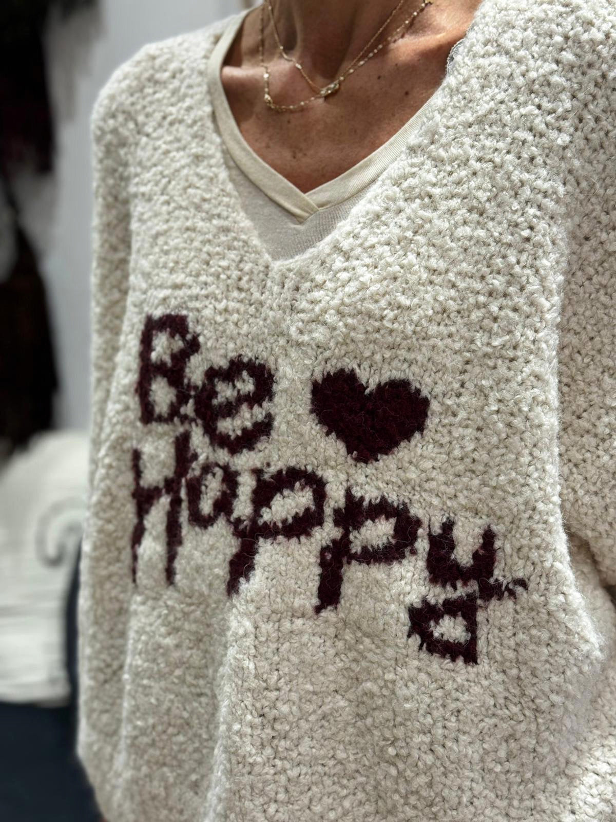 Pull BE HAPPY Lait/Bordeaux