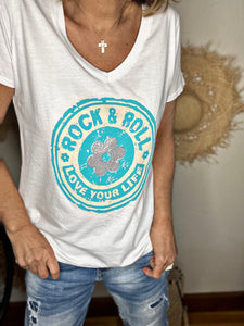 Tee shirt ROCK & ROLL Blanc Turquoise