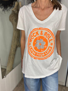 Tee shirt ROCK & ROLL Blanc Orange
