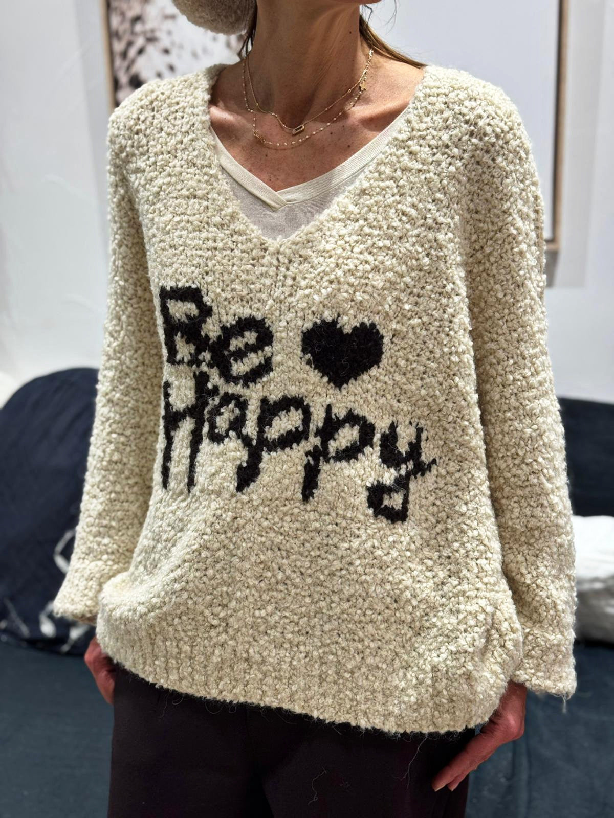 Pull BE HAPPY Ecru/Choco