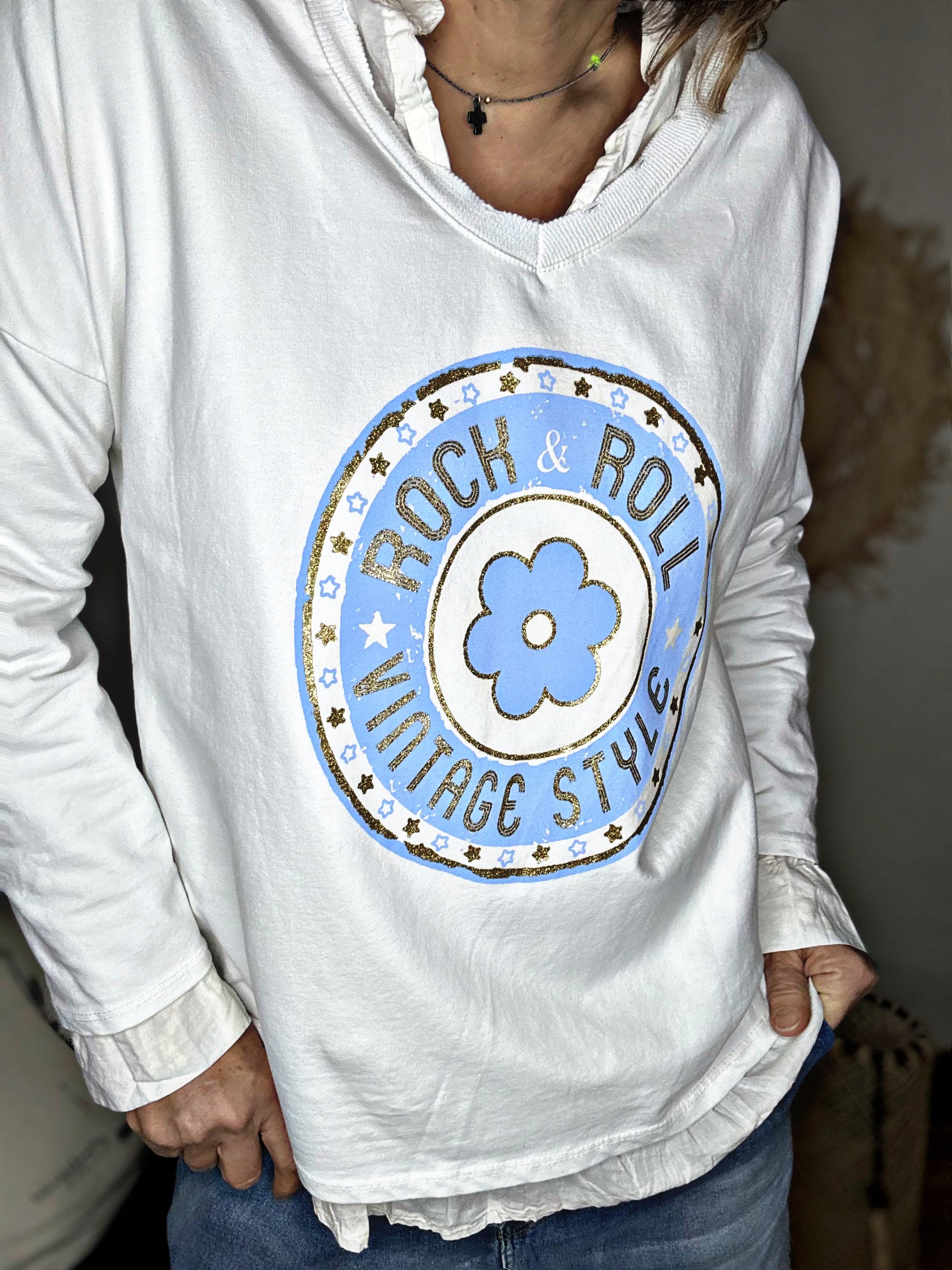 Tee shirt ROCK & ROLL Blanc Bleu